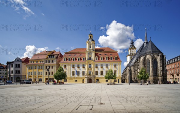 Baroque town hall, Protestant late Gothic St. Mary's Church, town church, and Mohren Pharmacy, market square, Weißenfels, Saxony-Anhalt, Germany