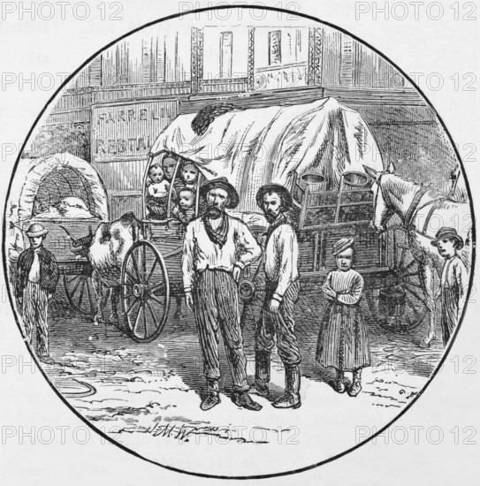 Emigrant family and wagon, around 1870, Kansas, America, digital reproduction of a historical model