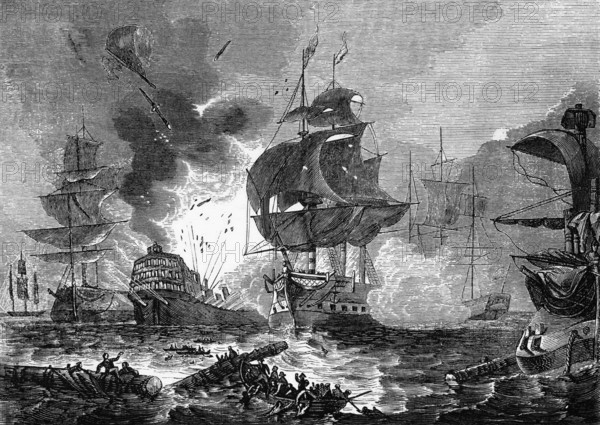 The Battle of the Nile, a major naval battle between the British and French fleets in the Bay of Abukir on the Mediterranean coast of Egypt from 1 to 3 August 1798, digital reproduction of a historical model