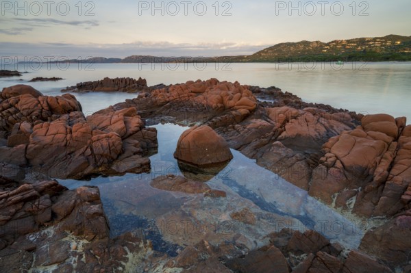 Rocky coast, sunrise, Plage de Palombaggia, Corsica, France