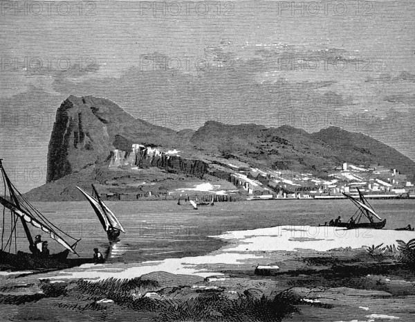 Sailing ships at the Strait of Gibraltar, rocks, mountain, houses, seen from Africa, Spain, historical illustration 1986