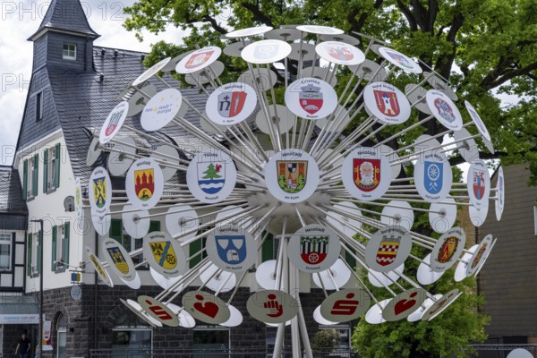 The coat of arms tree of Bergneustadt in the Oberbergischer Kreis, 102 panels show the coats of arms of new towns in Europe, Bergneustadt belongs to a group of town friendships in Europe, 37 towns and municipalities belong to it, North Rhine-Westphalia, Germany