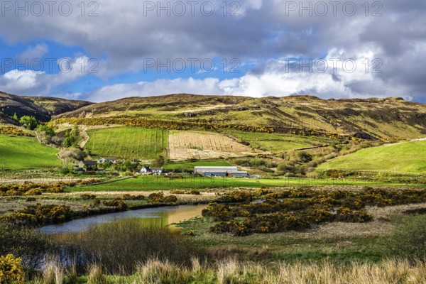 Farms over Loch Harport, Drynoch, Isle of Skye, Scotland, UK