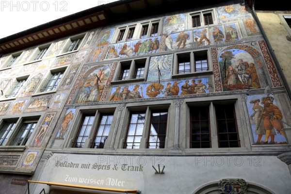 Façade with façade painting in the old town, zum weißen Adler, farm shop, Stein am Rhein, Canton Schaffhausen, Switzerland