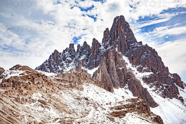 The Three Peaks in the Sesto Dolomites on the border between the provinces of Belluno in the south and South Tyrol, Italy