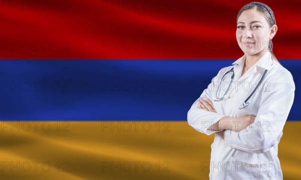 Female doctor on Armenia flag. Doctor with crossed arms on Armenia flag. Armenia health and care concept