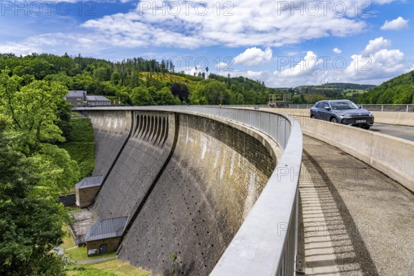 The Aggertalsperre dam in Oberbergisches Land, near Bergneustadt, operated by the Aggerverband, 45 metre high dam wall, the reservoir is used for water supply and electricity production, North Rhine-Westphalia, Germany