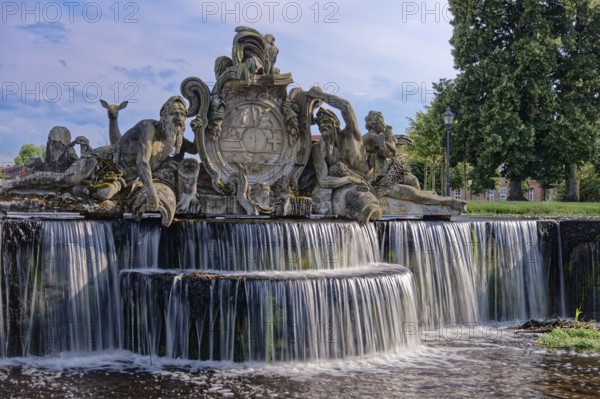 Bassin, a water basin, in front of Ludwigslust Palace, with cascades and stone figures. Ludwigslust, Mecklenburg-Western Pomerania, Germany