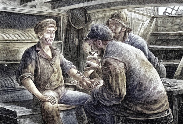 Tattoo of a young sailor, original drawing by Schildt, Germany, illustration, published 1890, reproduction, digitally enhanced, historical