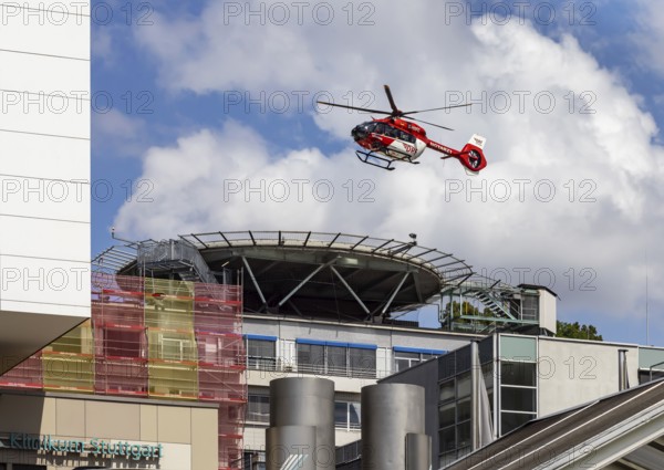 Airbus H145 rescue helicopter operated by DRF Luftrettung on approach to Stuttgart Hospital, Baden-Württemberg, Germany
