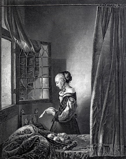 Reading girl standing at the window and reading a letter, Living room, Curtain, Historical, digitally restored reproduction of a 19th century original, Woman standing thoughtfully at the window and reading a letter in a dark interior