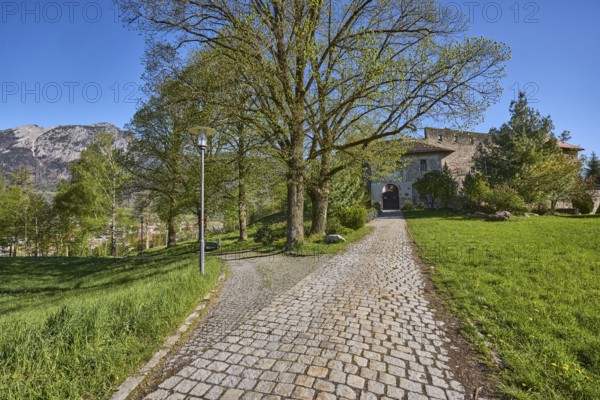 Castle Gruttenstein, mountains, footpath, cobblestones, entrance, trees, lawn, blue sky, cloudless, Pfannhauserweg, Bad Reichenhall, district Berchtesgadener Land, Bavaria, Germany