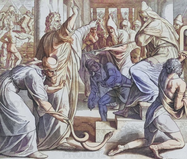 Biblical story, Aaron's staff is transformed into a snake, digitally enhanced reproduction of a wood engraving by Julius Schnorr von Carolsfeld, historical, around 1860, exact date unknown