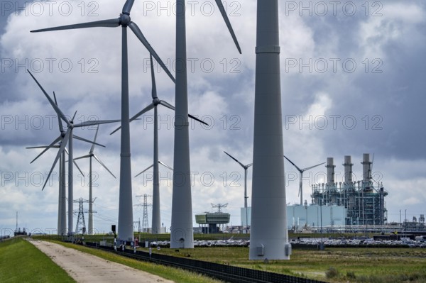 Magnum gas-fired power plant, with a capacity of 1410 megawatts, in the seaport of Eemshaven, operator RWE Power, wind farm, Netherlands