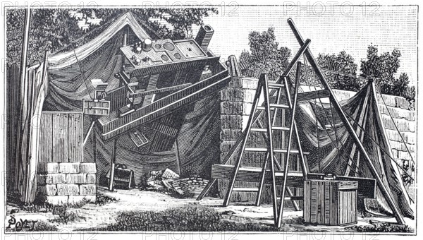 Observation stand for a solar eclipse in Upper Egypt, around 1880, illustration of the instruments used, historical, digitally enhanced reproduction of a 19th century model
