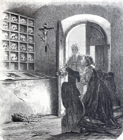The ossuary in the parish church of St Martin in Buochs in 1888, skull on the wall, Canton Nidwalden, Switzerland, Historical, digitally enhanced reproduction of a 19th century model