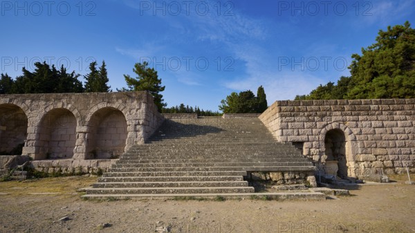 Stone staircase leads to ancient ruins, surrounded by sky and nature, open staircase to the second terrace, Asklipion, Asklepieion, healing temple, temple, Hippocrates, Kos, Dodecanese, Greek Islands, Greece