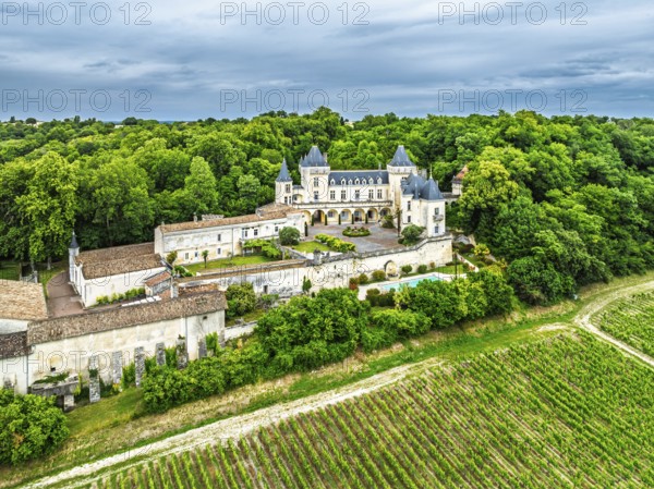Castle of La Riviere, Vineyard Chateau de La Riviere from a drone, Bordeaux, France