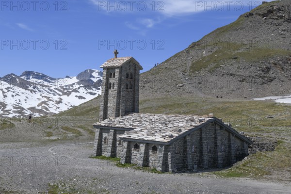 Chapel Chapelle Notre-Dame-de-Toute-Prudence next to pass road alpine road mountain road highest passable 2764 2770 metres high alpine pass Col de l'Iseran, Col de l'Iseran, departmental road D902, Route des Grandes Alpes, Département Savoie, Region Auvergne-Rhône-Alpes, Graian Alps, France