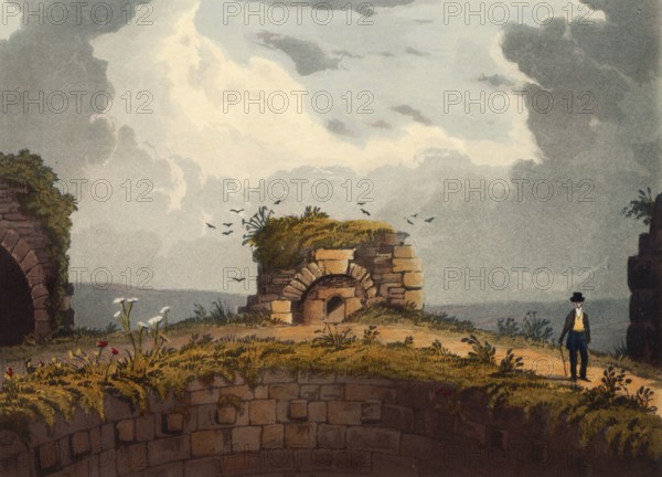 Kiln on the hill of Conisbrough Castle, medieval fortress in Conisbrough, South Yorkshire, England. The castle was originally built in the 11th century by William de Warenne, Earl of Surrey, after the Norman conquest of England in 1066, c. 1850, after a painting by Theodore Henry Adolphus Fielding, digitally enhanced reproduction, historical, exact date unknown