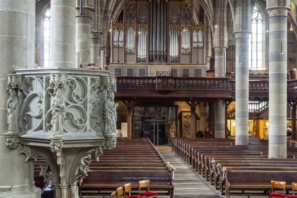 Protestant parish church of St Michael. As Johannes Brenz's place of work, it was the starting point of the Reformation in the territory of the imperial city after 1523. Pulpit. Schwäbisch Hall, Baden-Württemberg, Germany