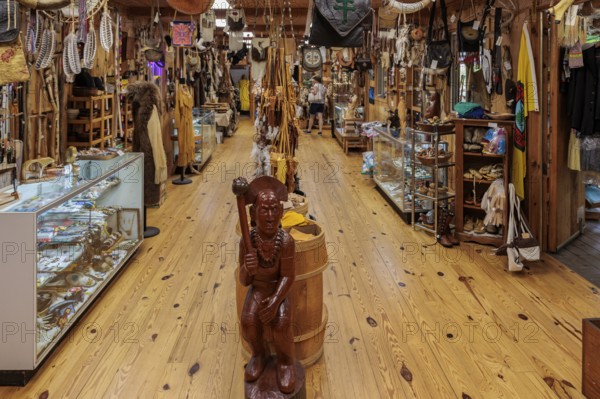 Inside of Bearmeats Indian Den arts, crafts and souvenir shop in Cherokee, North Carolina