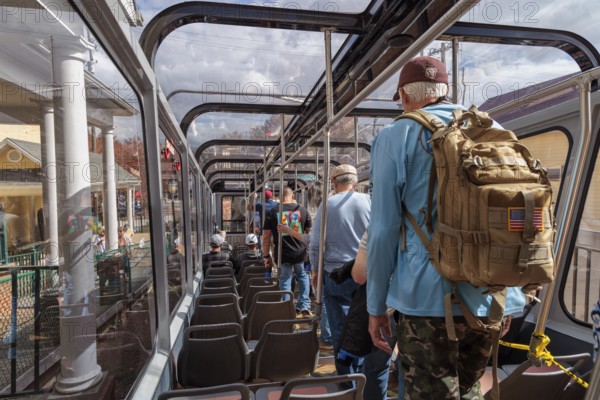 Passengers boarding the Lookout Mountain Incline Railway at the lower station in Chattanooga, Tennessee, USA