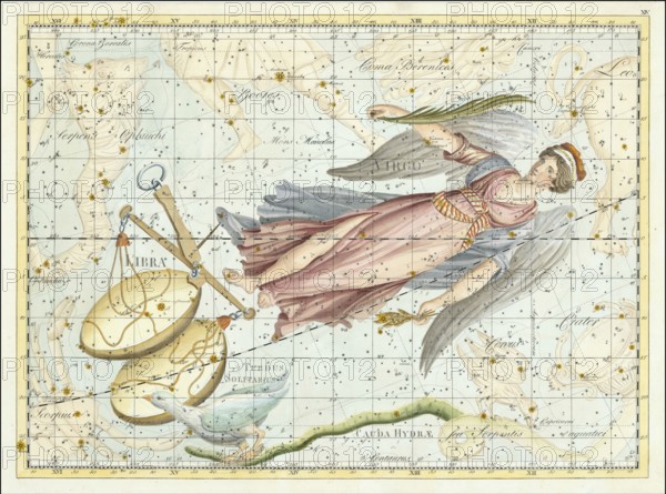 Zodiac sign, Virgo, Libra, star chart, universe, astrology, horoscope, after Johann Elert Bode (19 January 1747 to 23 November 1826), Prussian astronomer