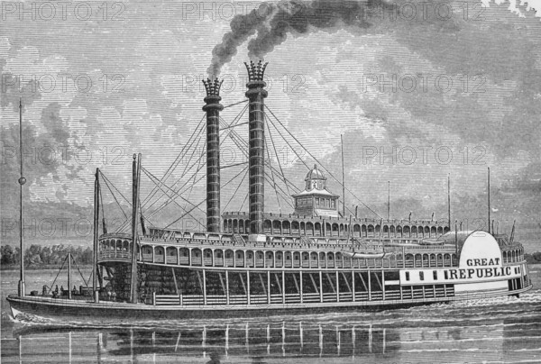 The Great Republic a paddle steamer on the Mississippi River, St. Louis, Missouri, around 1870, America, digital reproduction of a historical model