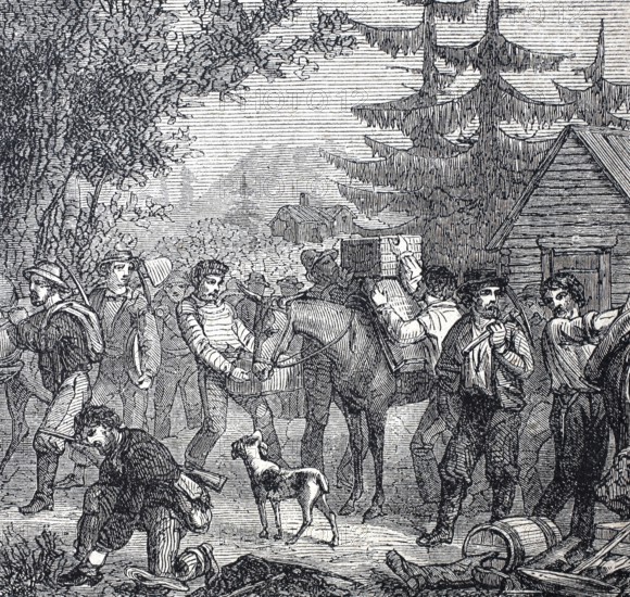 Gold seekers, gold diggers setting out for the claims in California, around 1860, America, digitally enhanced reproduction of a 19th century original, historical, exact date unknown