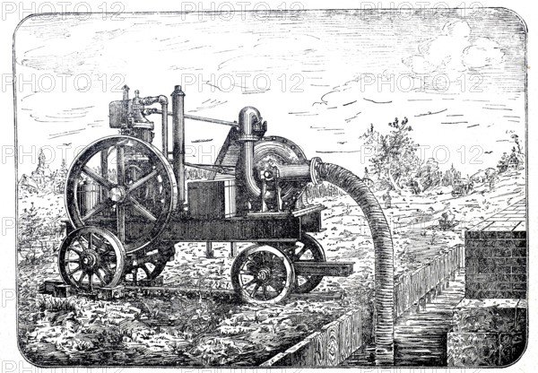 Petroleum engine - centrifugal pump, designed by J.M. Grob & Co. from Leipzig, around 1886, historical, digitally improved reproduction of a 19th century model