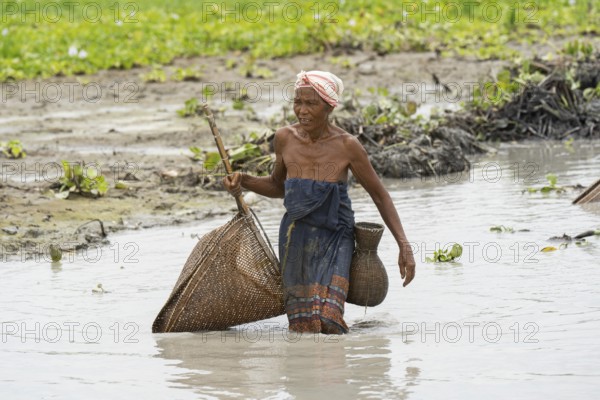 BAKSA, INDIA- JULY 12: Tribal women engage in traditional fishing using Jakoi, a bamboo fishing tool, in a shallow wetland in Baksa, India on July 12, 2025