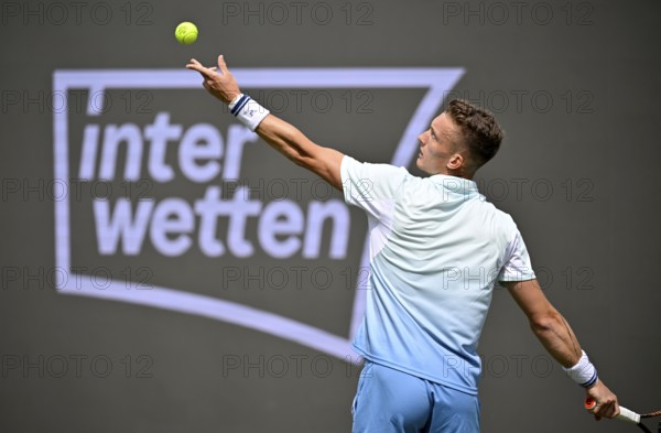 Jiri Lehecka CZE Action Serve Logo INTERWETTEN Tennis, ATP 250, BOSS Open 2025, Stuttgart, Baden-Württemberg, Germany