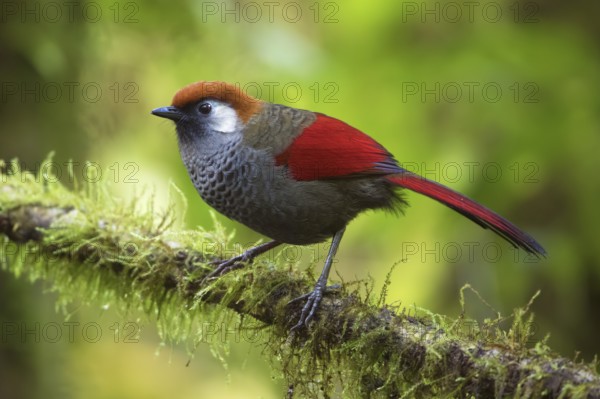Red-tailed Laughingthrush (Trochalopteron milnei) perched on a log, Ngoc Linh, Vietnam