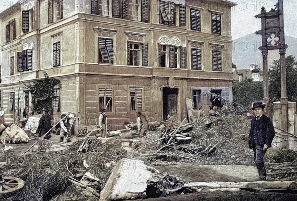 Brixlegg, a market town in the district of Kufstein in the Austrian province of Tyrol, Austria. The post office after the great flood of 1893 in Alpbachtal, historical picture or illustration from 1894, reproduction, digitally enhanced, Historical