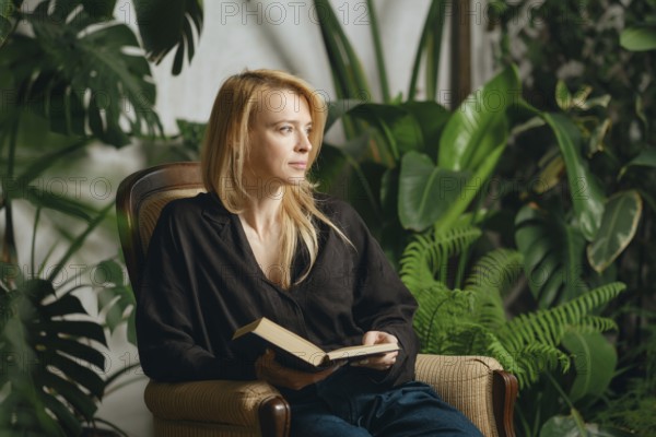 A woman sits comfortably in an armchair holding a book, surrounded by vibrant green plants.She is distracted from her reading and is looking thoughtfully away