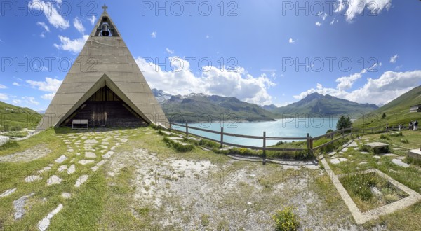 Panoramic photo with left 1967 above right Lac du Mont Cenis built Musée Museo Mont-Cenis Pyramid Museum in stylised pyramid as museum to commemorate Egypt campaigns of Emperor Napoleon Bonaparte and time in front of construction of reservoir, Mont Cenis massif, Massif du Mont-Cenis, Graian Alps, Lanslebourg, Rhone-Alpes, France