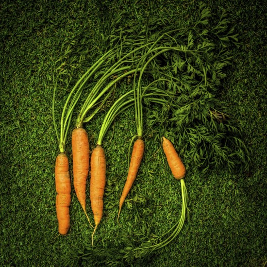 Vibrant orange carrots with lush green tops lie against a bright green backdrop, highlighting their freshness and natural appeal. Perfect for celebrating farm produce and healthy eating