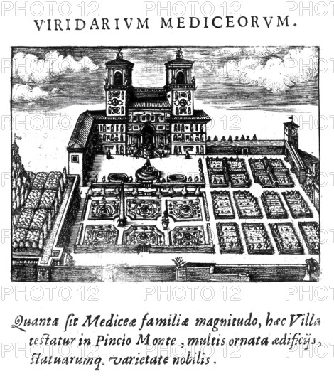 Giardino di Fiorenza, Rome, Italy, Historical, digitally enhanced reproduction from Grandezze della citta di Roma antiche et moderne by Jacomo Crulli de Marcucci, from the year 1630