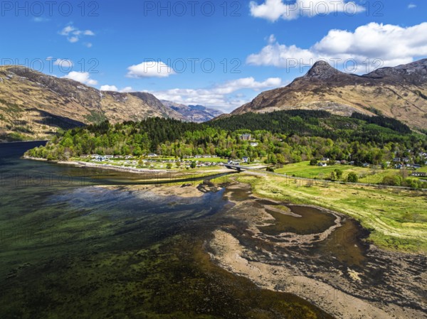 Loch Leven and Holiday Park from a drone, Glencoe, Highland, Scotland, United Kingdom