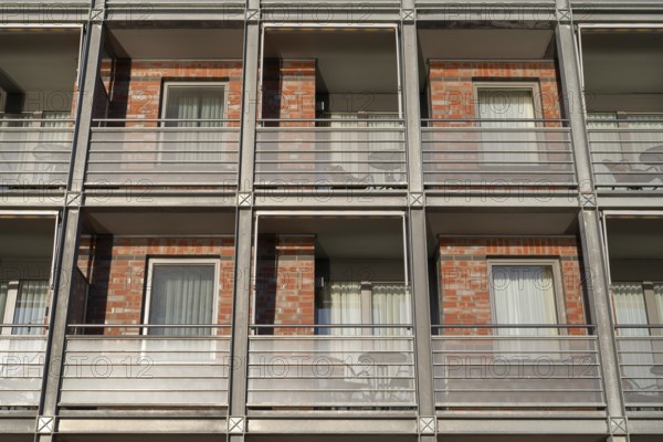Apartment building with balconies, facade in detail, Waren, Müritz, Mecklenburg Lake District, Mecklenburg, Mecklenburg-Vorpommern, Germany