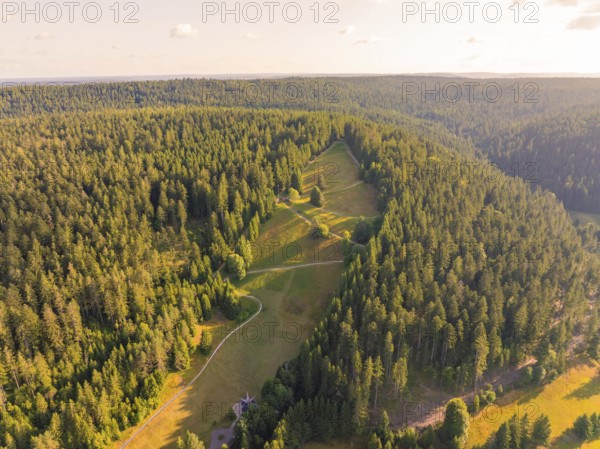 Wide nature view with forests, meadows and sunlight, Retro Freizeitpark Poppeltal Riesenrutschbahn, Enzklösterle, Black Forest, Germany