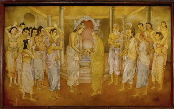 Temple of the sacred Tooth Relic or Sri Dalada Maligawa, Painted panel depicting the history of the Sacred Tooth Relic, New Shrine room or Alut Maligawa ceiling, Kandy, Sri Lanka