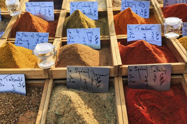 Various spice blends at a market stall, Saintes-Maries-de-la-Mer, Camargue, France