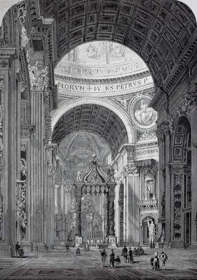 Interior of St Peter's Basilica around 1800, Basilica of St Peter, Memorial Church of the Apostle Simon Peter, Vatican, Rome, Italy, Historical, digitally restored reproduction of a 19th century model
