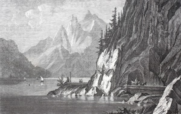 The rocky road along Lake Lake Traun from Gmunden to Ebensee, around 1870, Salzkammergut, Austria, Historical, digitally enhanced reproduction of a 19th century model