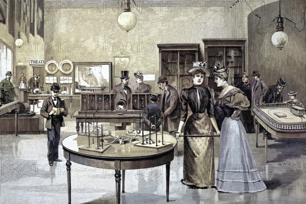 Physics room in the Urania school, Berlin, Germany, students, illustration from 1894, reproduction, digitally enhanced, historical