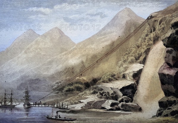 The track for the transport of iron through Alesund in Norway, illustration, published 1890, reproduction, digitally enhanced, Historical