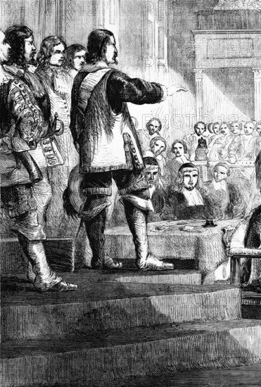 In 1657, Parliament offered Cromwell the crown as part of a constitutional reform. This presented him with a dilemma, as he had been instrumental in the abolition of the monarchy. Cromwell agonised over the offer for six weeks. The stability associated with it appealed to him, but in a speech on 13 April 1657 he made it clear that God's providence spoke against the office of king, England, digital reproduction of a historical model
