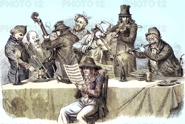 Bohemian musicians, coloured woodcut from 1864, group of musicians, playing instruments at a table, depicted in historical style
